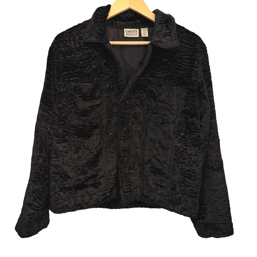 Chico's Design Faux Fur Jacket Womens‎ 1 M Black Excellent Silk Lined Textured